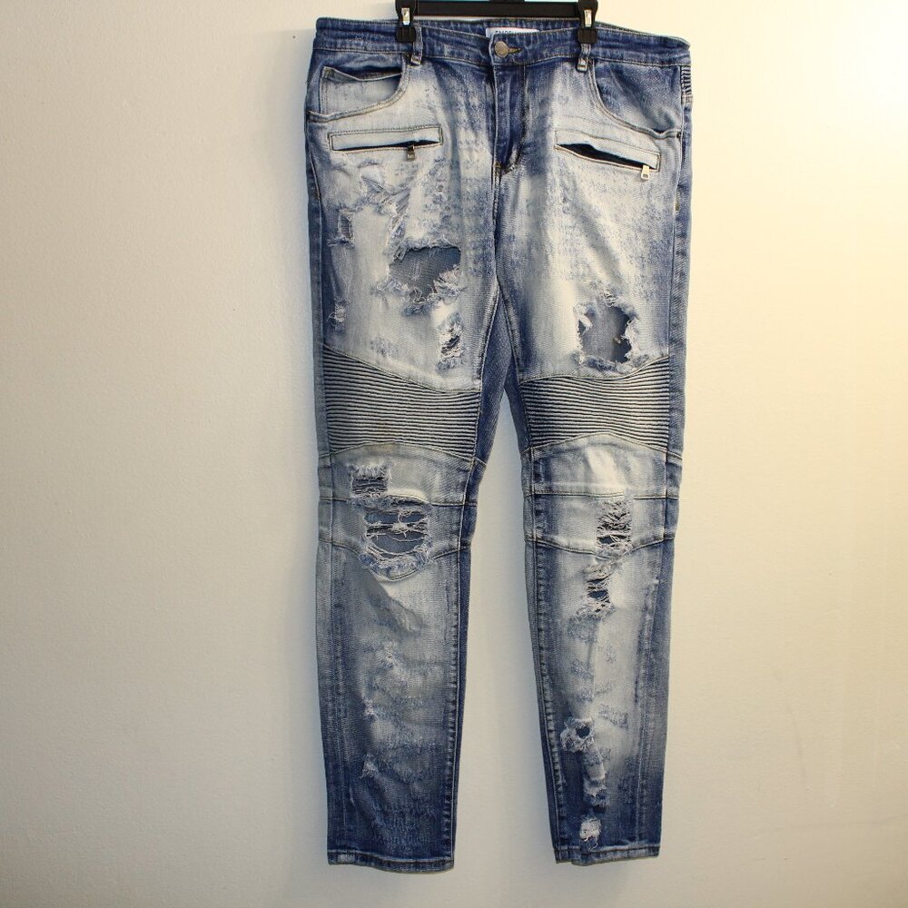Embellish Distressed Moto Biker Jeans Light‎ Wash Slim Fit Men's 36